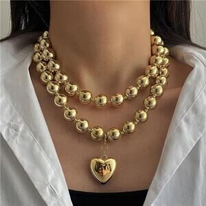 Chunky Gold Heart Necklace for Women Large Round Bead Beaded Necklace Layered